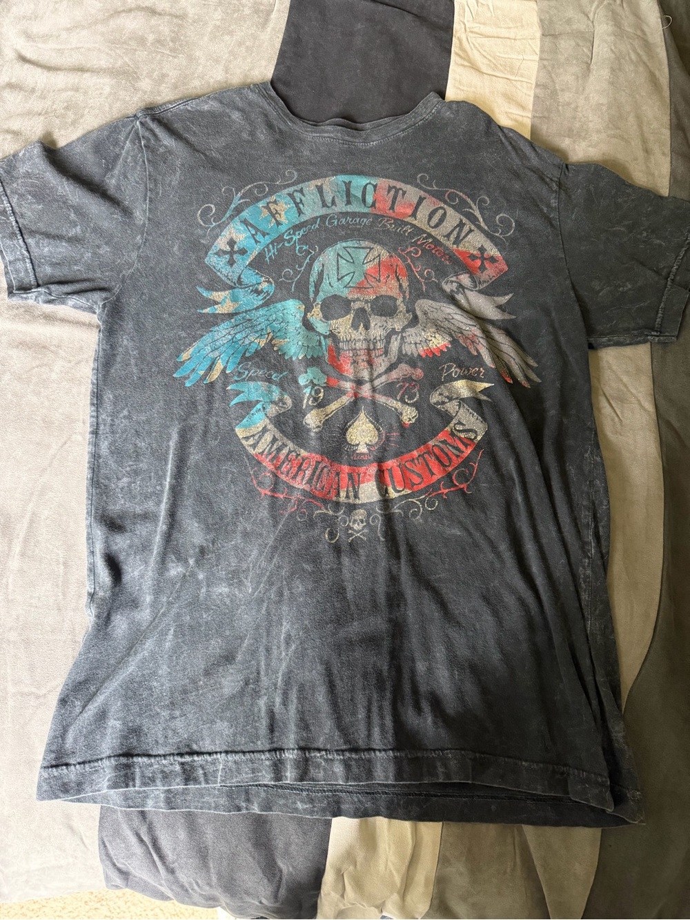 Affliction Black Short-Sleeve Graphic Skull Tee with Red & Teal Accents